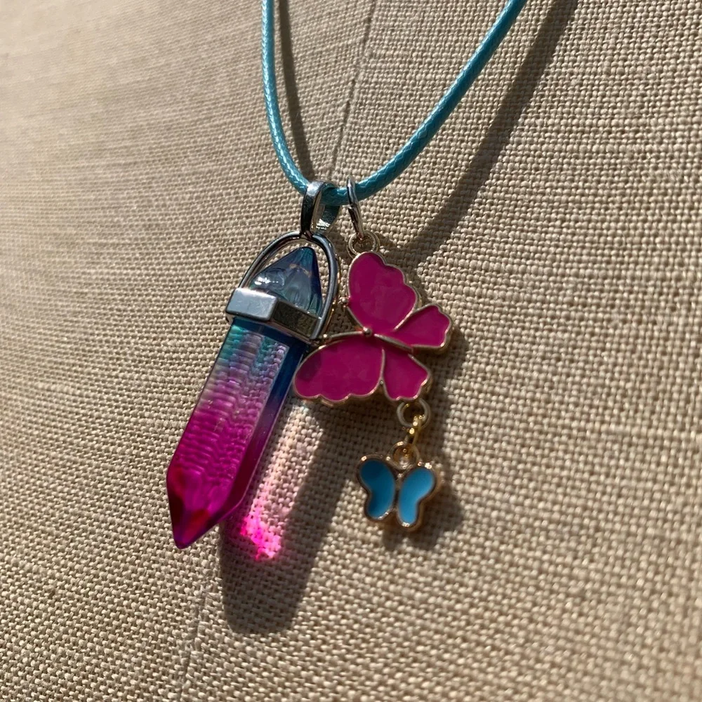 Handmade Cotton Candy Resin Crystal Amulet Necklace & Enamel Butterfly Charms - Picture 2 of 11